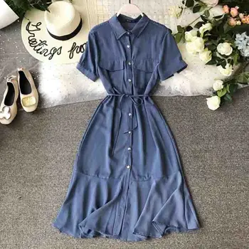 

New Fashion Summer Dress 2019 Women Single-breasted Short Sleeve Ruffle Dress Vestido Elegant High Waist Fish tail Dresses