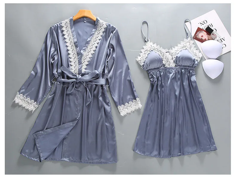 Queenral 2PCS Robe Gown Sets Women's Sleepwear Women Sexy Lace Bathrobe + Mini Night Dress Bathrobe Nightie Set Summer Lingerie 6