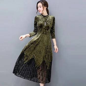 

Vintage Velvet Maxi Long Dress Vestido Spring Autumn Women Long Sleeve Dress Pleated Lace Patchwork Elegant Velvet Dress RE0296