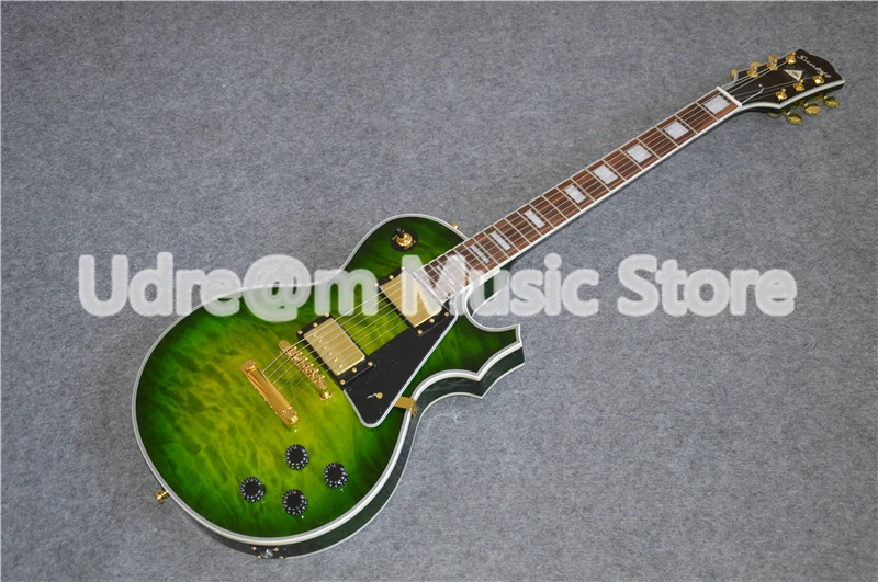 

New Arrival China OEM Quilted Finish Suneye LP Custom Guitar Electric In Green Color With Block Pearl Inlaid In Stock