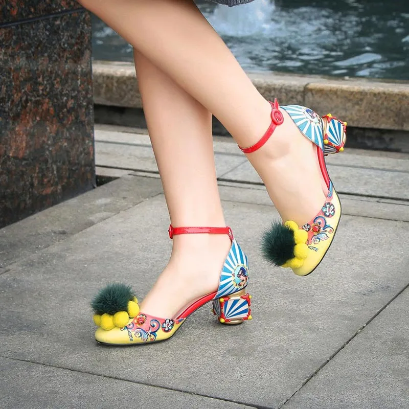 Women Sandals Fashion Print Strange Heel Pumps Fur Ball Metal Decoration 2018 Summer Ladies Dress Party High Heels Shoes Woman (25)