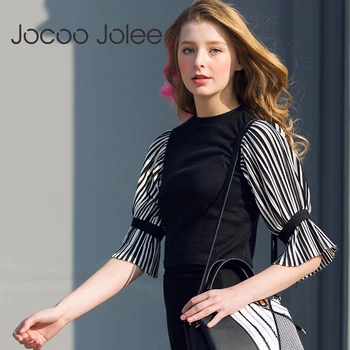 

Jocoo Jolee Office Lady Pullovers for Women Stripe Flare Sleeve Stitching Tops Knitted Elegant Pullovers Female 2018 Spring New