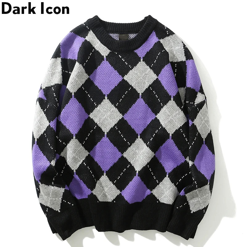 

Dark Icon Round Neck Rhombus Sweater Men Loose Style Men's Sweater