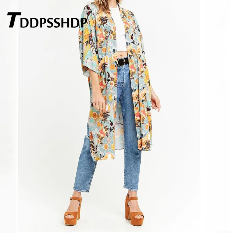 

Crane and Flower Printing Kimono Women Coat 2019 Spring Long Vacation Female Jacket
