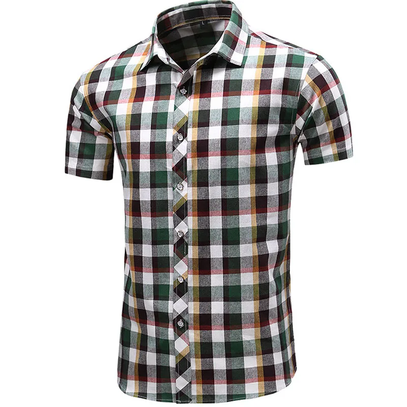 Men's Plaid Shirts Short Sleeve Slim Fit Tops Shirt 100 Cotton Retro