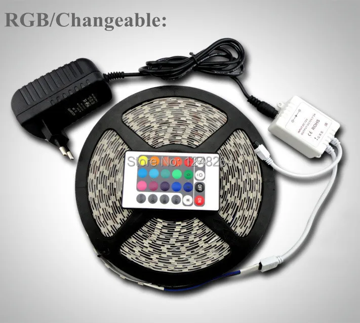 

RGB 5050 SMD 300Leds Waterproof LED Strip LED Strip Light 5m/roll+Power Adapter/only RGB +Changeable with 24 Keys IR Remote