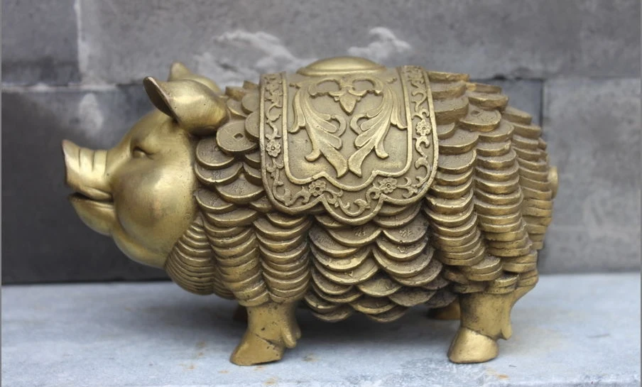 

Chinese Brass Copper carve Money pig Home Feng Shui Attract Wealth statue a5.19
