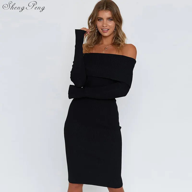 Skinny Ribbed Sweater Dress Knee Length Women Slash Neck Off Shoulder