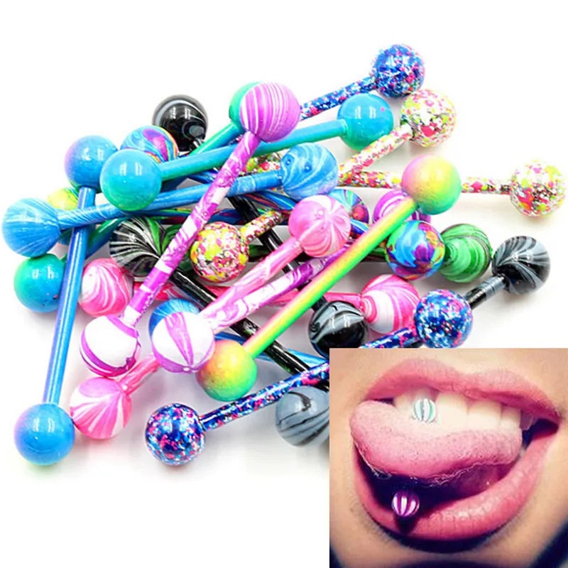 10Pcs/lot Colorful Glitters Tongue Rings Sexy Surgical Steel Fashion Piercing Tongue Studs Jewelry for Women Men