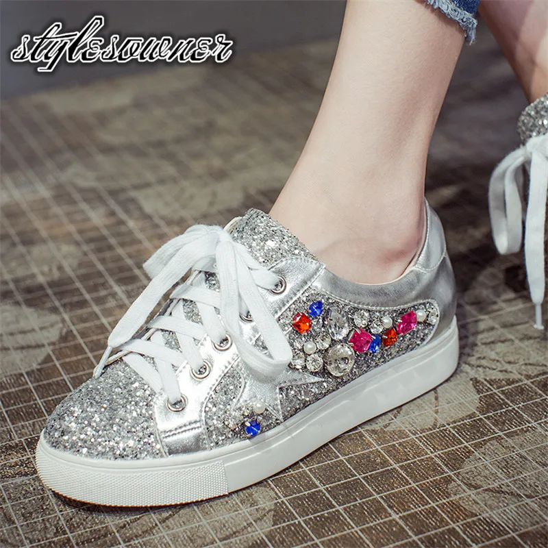 

Stylesowner 2018 Student Style Leisure Sneakers with Crystal Shine Shoes Lace-up Casual Sneaker Shoes Soft Leather Comfort Shoes