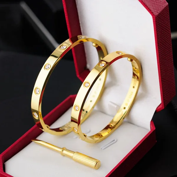 

Luxury all stones women men cart Screw Bracelets Bangles With Screwdriver Lovers wedding gift gold stainless Pulseira feminina