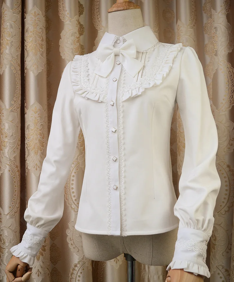 Теплая Толстая Женская рубашка с длинным рукавом белая черная Лолита флисовая блузка с бантом - Цвет: Белый