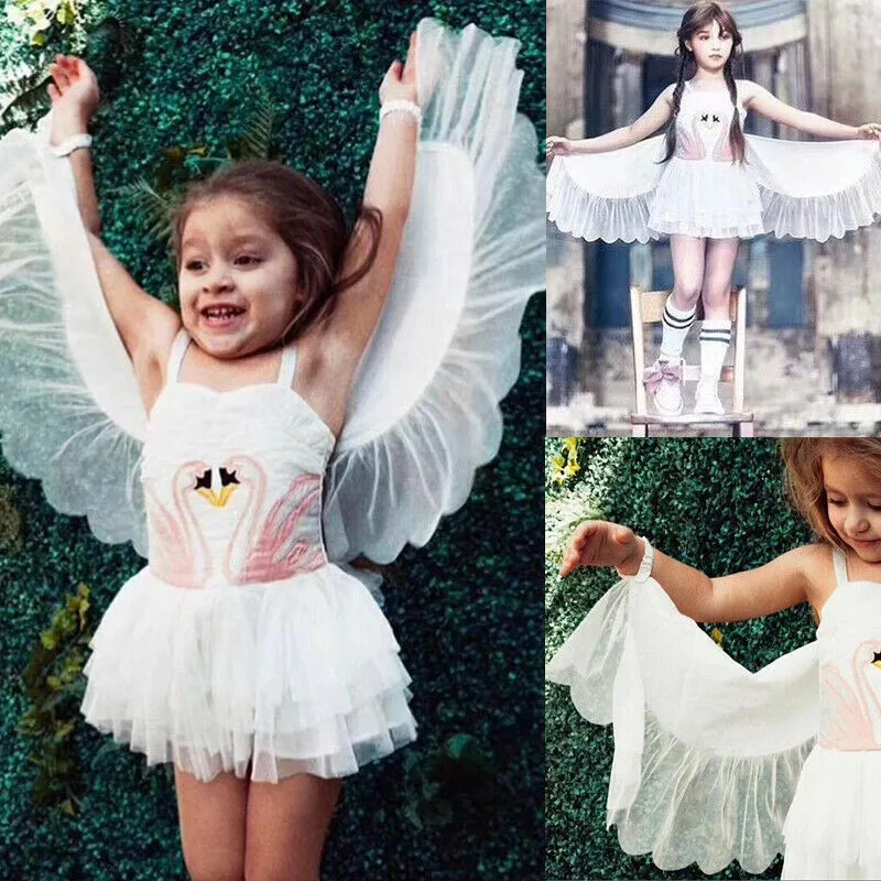 

2-8Y Sweet Kids Baby Girls Ballet Dress Sleeveless Swan Print Sling Princess Dress Girl Tulle Tutu with Wing Dance Layered Dress