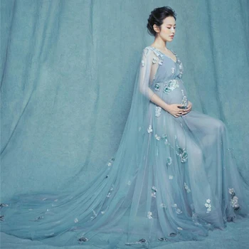

Fancy Maternity Dress Floral Blue Photography Props Pregnant Women Art Photos Lace Long Dress Maternity Gown Maternidade Roupas