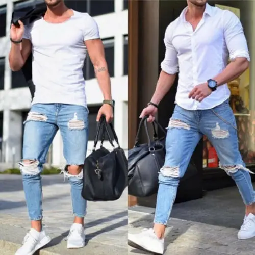 

Hirigin Fashion Men Jeans Men's Ripped Skinny Biker Jeans Destroyed Frayed Slim Fit Denim Pants Biker Jean