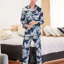 JAYCOSIN, мужская, четыре сезона, модная, имитация шелка, пижама, белье размера плюс, длинный рукав, принт, мягкая Пижама, набор, April5 P30