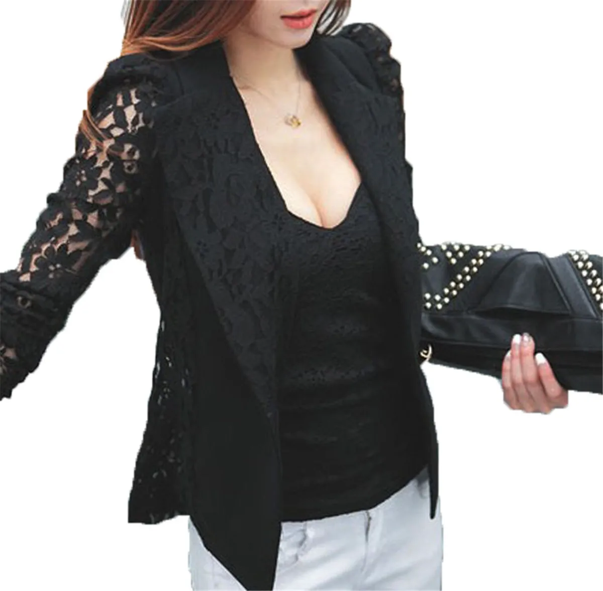 NEW Fashion Sexy Sheer Lace Patchwork Blazer Coat Lady Suit Outwear