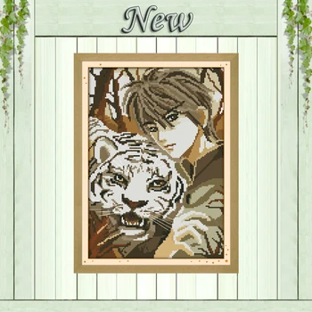

Pretty boy and tiger animal paintings counted print on canvas DMC 14CT 11CT Chinese Cross Stitch kits Needlework Embroidery Sets
