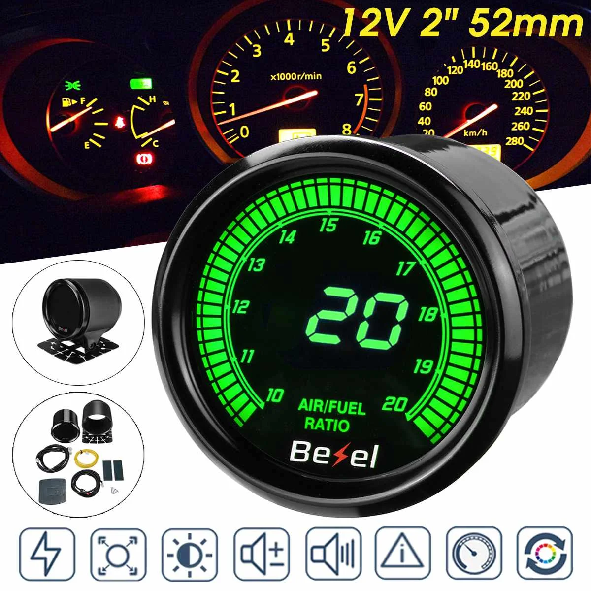 

2" 52mm Car Auto Air / Fuel Ratio Gauge Meter AFR Digital LED Display Black Face Gauge Holder Free
