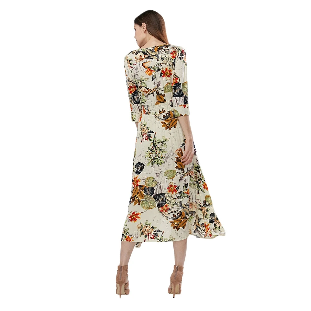 VESTLINDA Vintage Dress Allover Floral Print Elestic Waist Split Long Dress V Neck 34 Sleeve Robe Femme Women 2017 Summer Dress 2