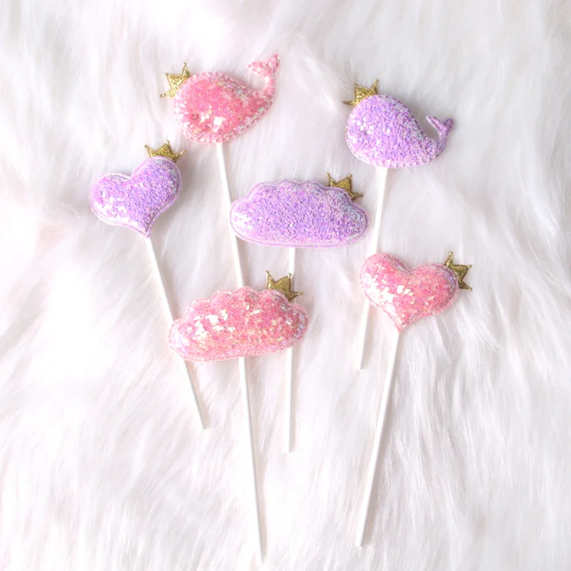 

5 pcs/lot Sequin Crown Dolphin Heart Cloud Birthday Cake Topper Cupcake Decoration Baby Shower Kids Birthday Party Wedding Favor