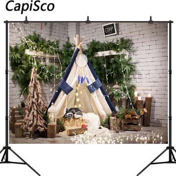 

Capisco White Brick Wall Newborn Baby Kids Photo Background Printed camp Bulbs Green Garland Christmas Backdrop Photography
