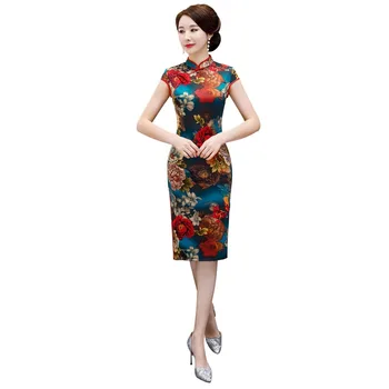 

Shanghai Story Flower Print Knee Length Cheongsam Dress Ladies Qipao Chinese Traditional Dress For Women National Trend Dresses