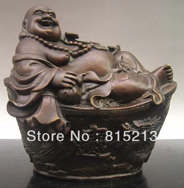 

wang 000216 8" Chinese Bronze Happy Laughing Buddha Dragon Ru Yi Statue