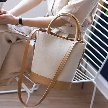 

New Canvas Splice Casual Bucket Bag Female Tide Version Retro Hit Color Shoulder Messenger Bag Simple Designer Handbag and Purse