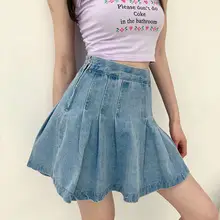 Горячее летнее Новое поступление милые узкие джинсы с высокой талией женские качественные плиссированные юбки женские джинсовые юбки Одежда