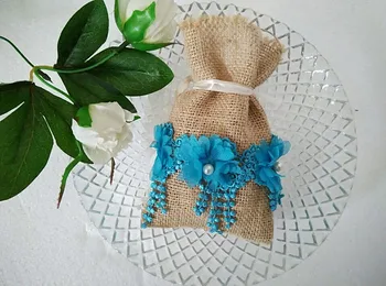 

free shipping Burlap blue lace bag Candy Bag burlap bag Lace beads bag
