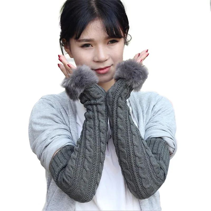 Women's long gloves winter warm gloves knit super long imitation rabbit hair leak finger gloves