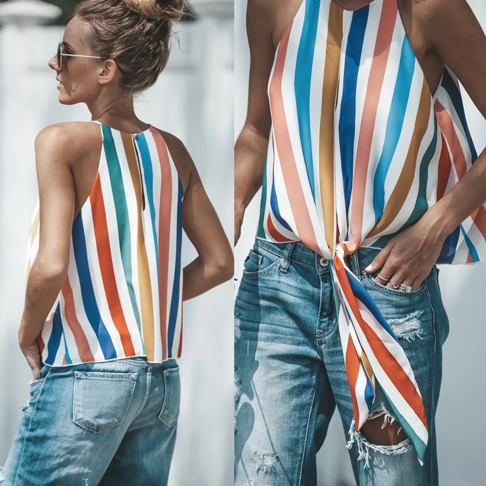 

2018 Women Summer Blouse Cross Border Sexy Colorful Striped Printed Slash Neck Striped Horn Sleeve Female Chiffon Shirt Sexy Top