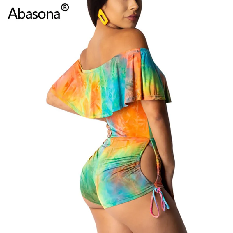 Abasona حمالة كشكش الدانتيل يصل مثير Bodycon Playsuits الصلبة الشاطئ داخلية الصيف نحيل Ruched رياضية وزرة للنساء
