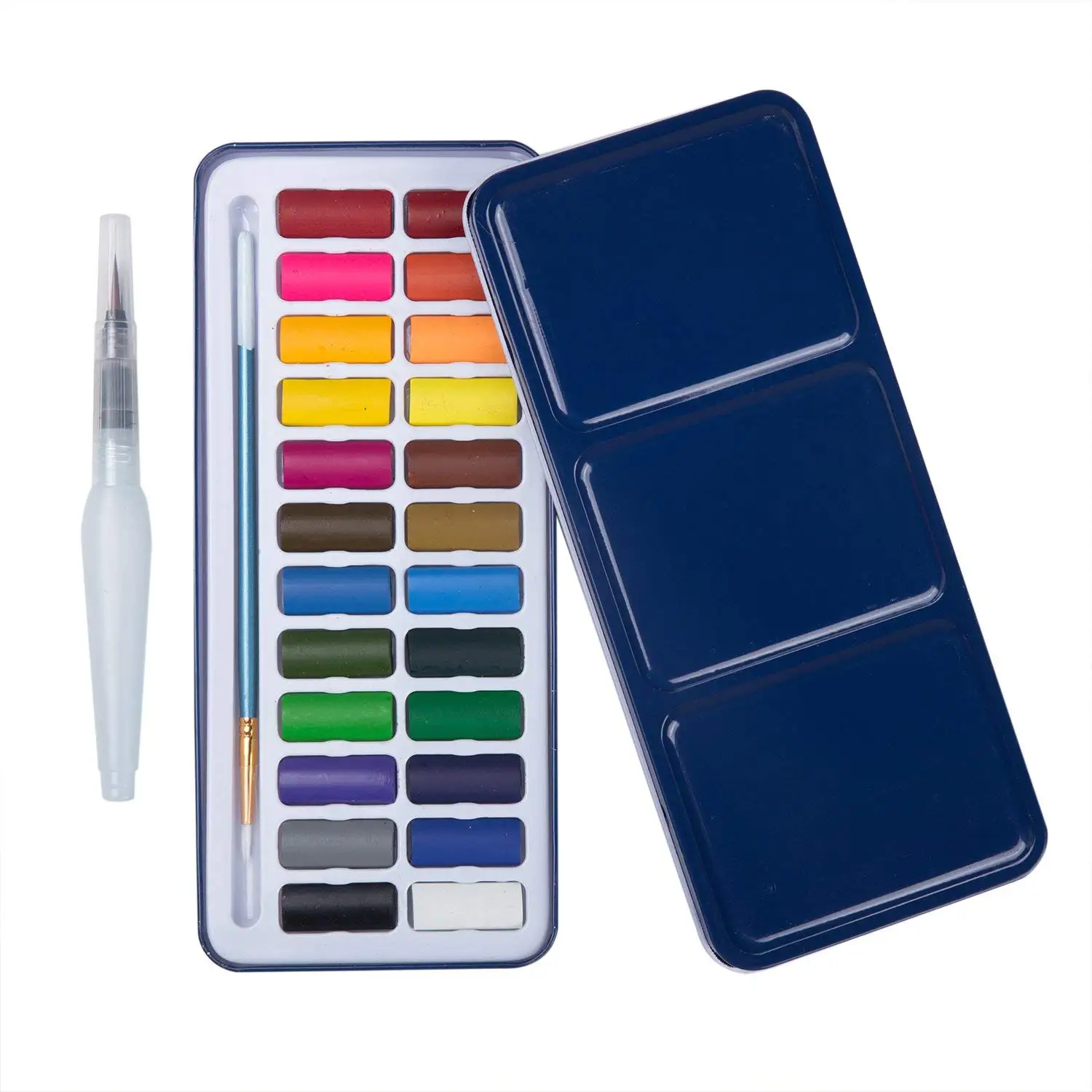 

24 Assorted Colours Watercolour Paints with Tin Case Painting Pans Set Include Waterbrush Pen and Watercolour Brush