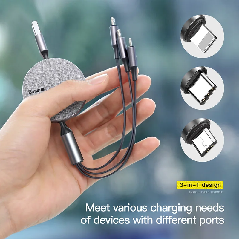 Baseus 3 في 1 كبل usb قابل للسحب ل فون Xs ماكس Xr X 3in1 سريع شحن شاحن المصغّر usb نوع C كابل ل سامسونج Xiaomi