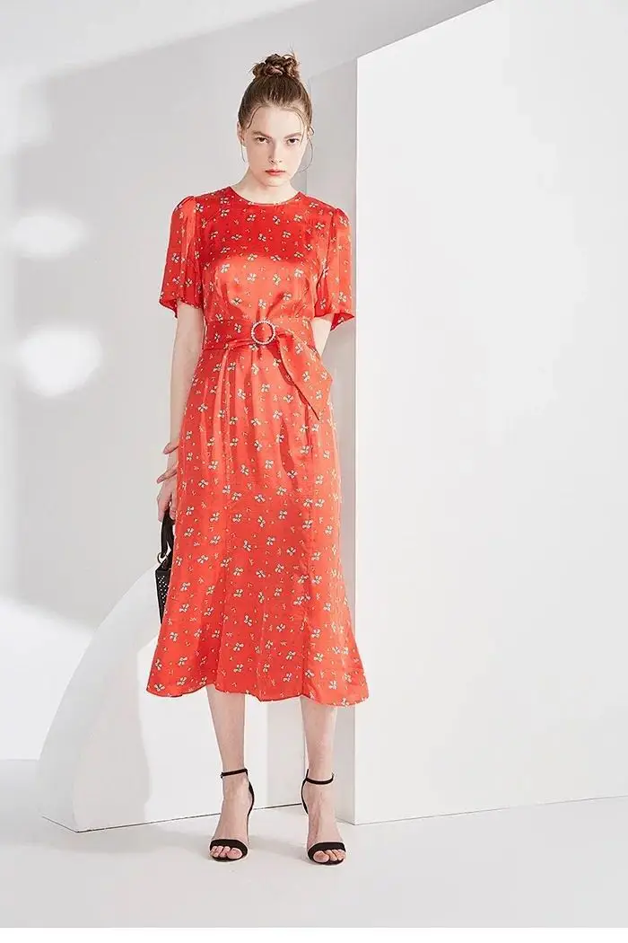

Women Dress 2019 Spring Summer Print printing red flower slim midi dress