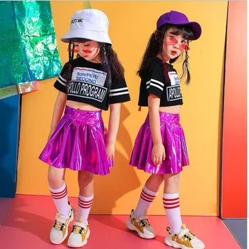 

Kids Jazz Dancing Costumes Girls performance Ballroom Hip Hop Dance Clothes T Shirt Tops Pink Skirt Children dance outfits