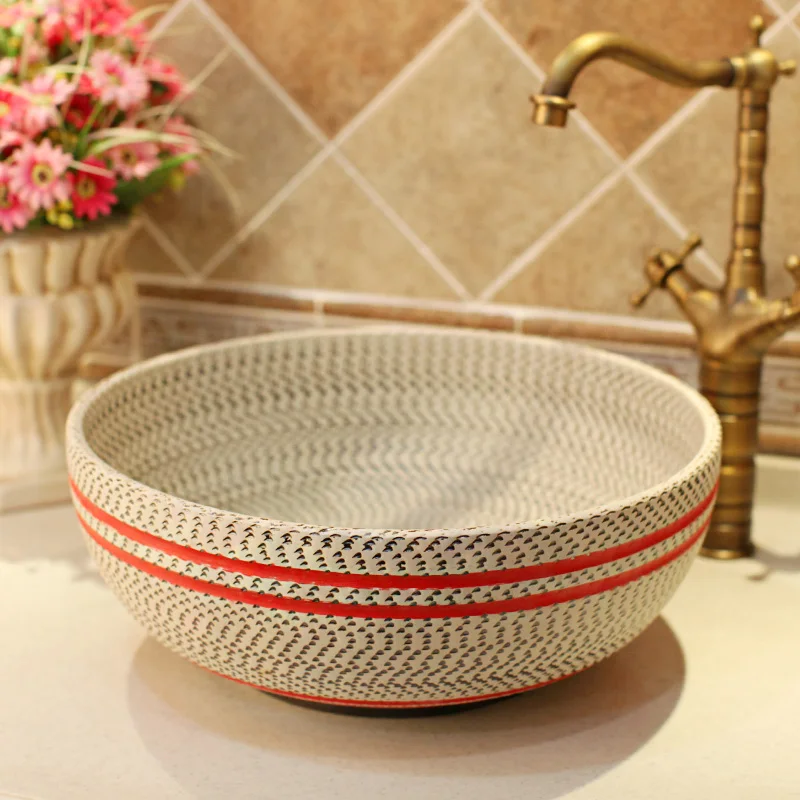 Red Thread pattern porcelain bathroom vanity bathroom sink bowl countertop Ceramic wash basin bathroom sink(