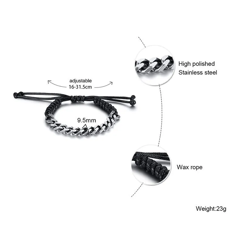 Рок мужские панцирные звенья цепи браслет с восковой веревкой дизайн брендов Регулируемый Ретро серый нержавеющая сталь браслеты