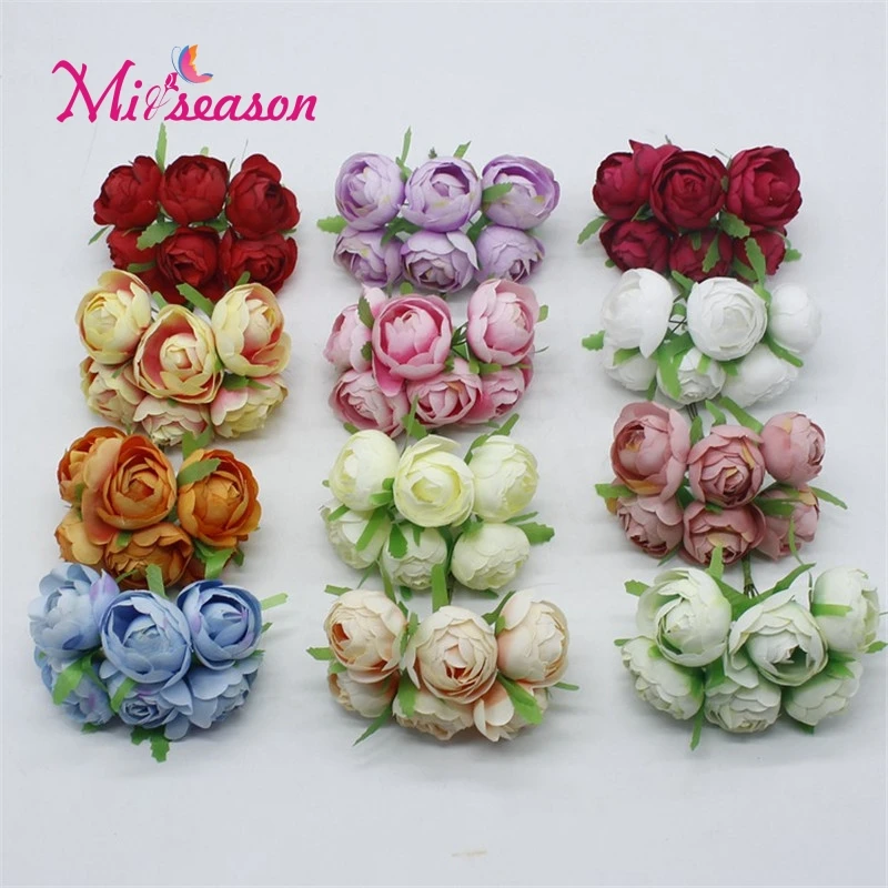 

6PCS/LOT Mini Artificial Tea Rose Flowers For Bride Wrist Wedding Home Decoration Scrapbooking DIY Craft Supplies Accessories