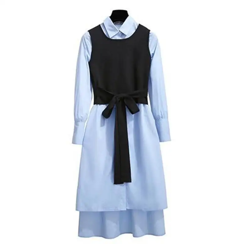 Весенне-осенний Элегантный женский комплект 2 шт. Вязанный жилет с оборками+ однобортная Асимметричная рубашка, платье, костюм, плиссированное платье с бантом, комплект J149 - Цвет: blue