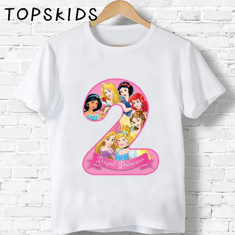 Детские футболки с мультипликационным принтом «Happy Birthday» и цифрой 1-9, забавная Подарочная футболка с милой принцессой для мальчиков и девочек, детские топы, HKP2444