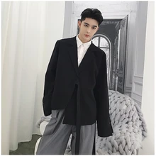 Шифоновый необычный Блейзер, костюм для мужчин, Повседневный, однотонный, свободный, модный, базовый, блейзеры для мужчин s, черный, белый, тренд, на шнуровке, куртки DS50759