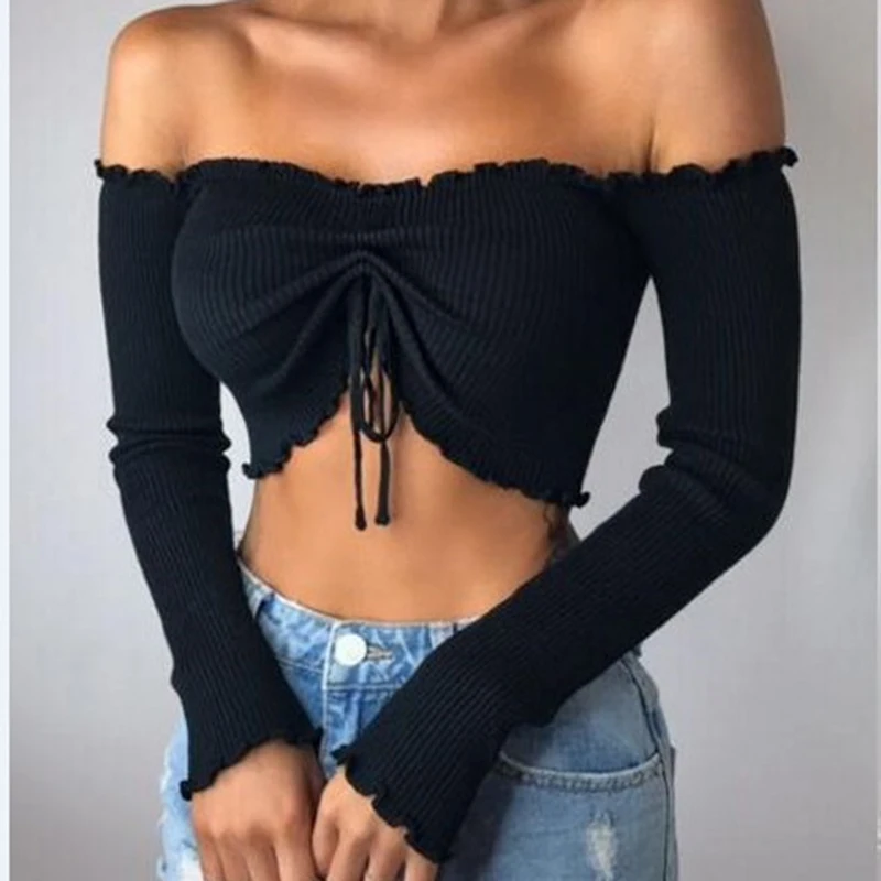 Women Blouse Female Casual Long Sleeve T blouse Solid Sexy Tops Tees For Lady And Girls Slash Neck Lace-Up Spring |