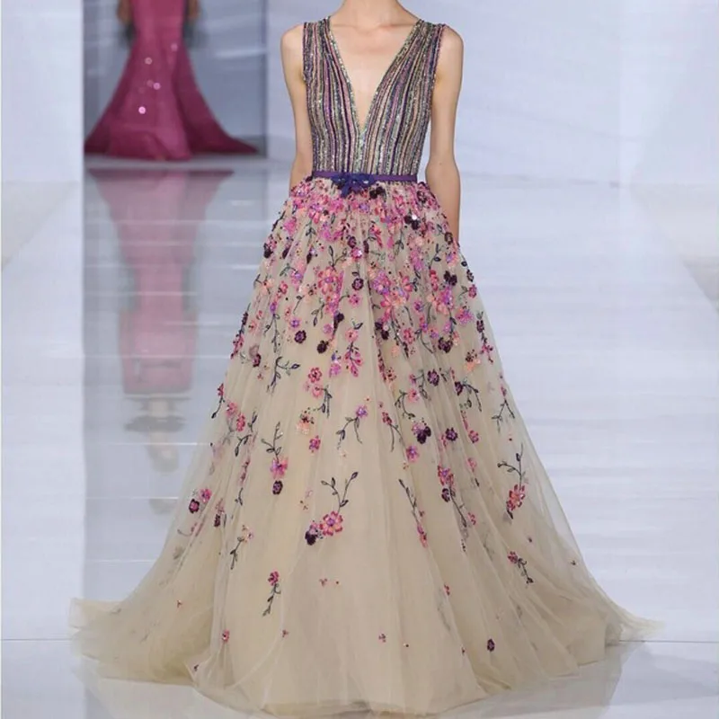 Sexy V Neck Heavy Beaded Pattern Robe De Soiree Haute Couture Fall