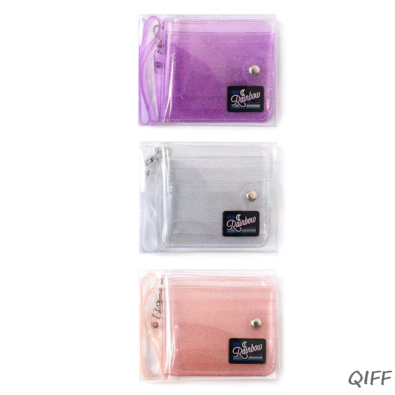 Transparent ID Card Holder PVC Folding Short Wallet Fashion Women Girl Glitter Business Cards Case Purse with Lanyard Sum