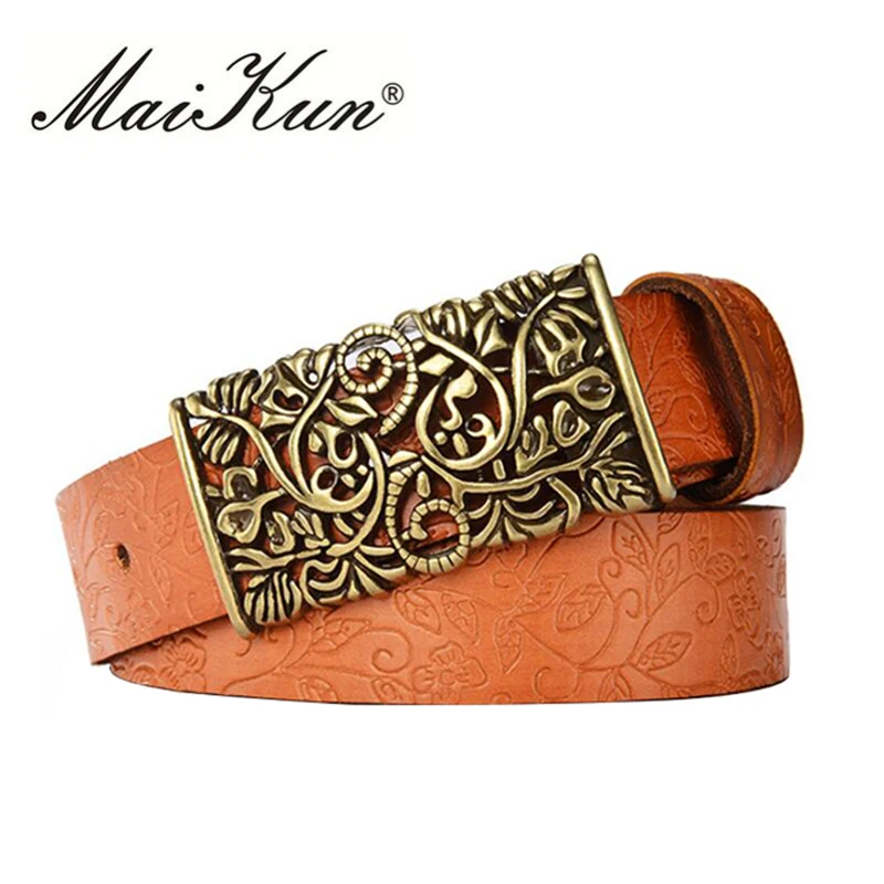 New Fashion Quality Leather Belts for Woman Vintage Floral Curved Hollow Out Metal Buckle Wide Female Belts