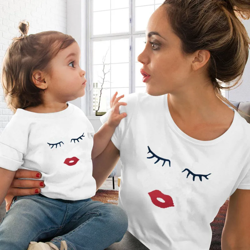 Family Matching T-Shirt Daughter Kids Women Red And Summer Eye-Lashes Lips-Print Funny