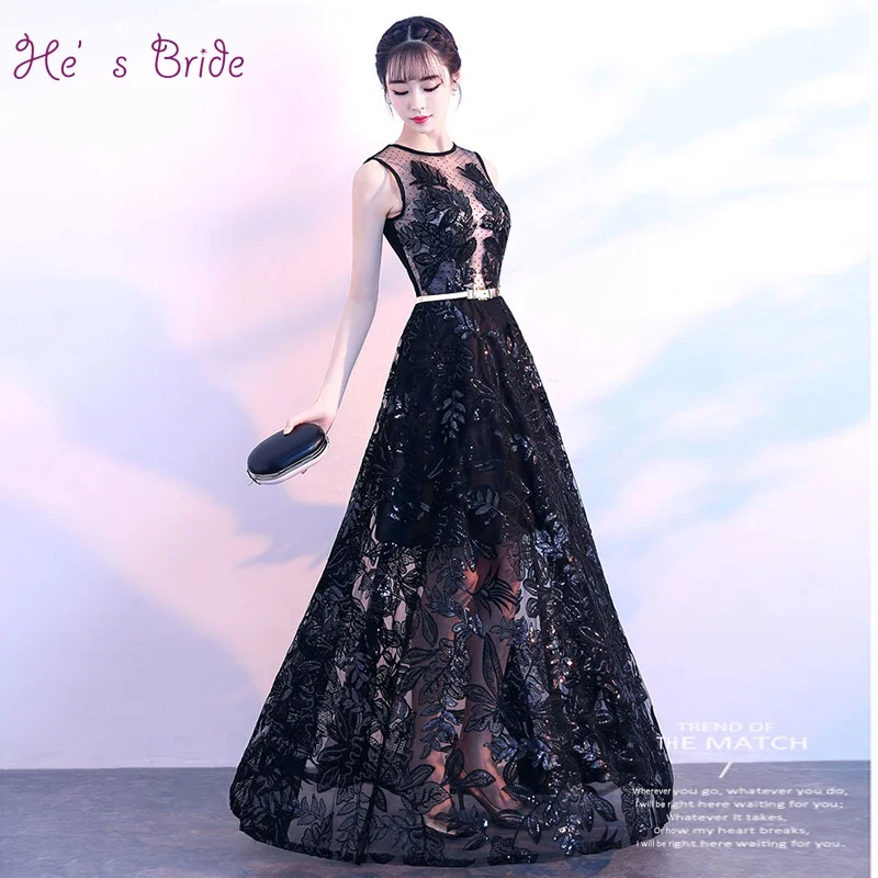 

He's Bride New Elegant Formal O-Neck Sleeveless Floor-Length Black Evening Dresses Custom Party Prom Gown Robe De Soiree